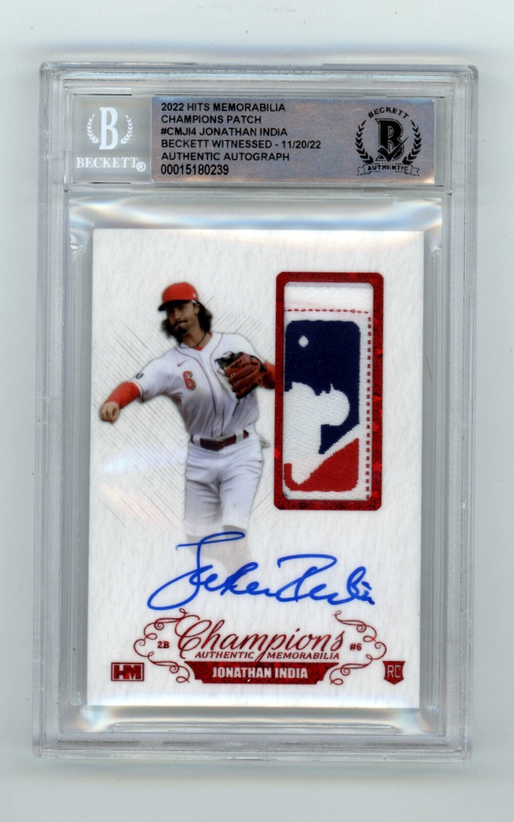 Jonathan India 2021 Hits Memorabilia Champions Red Logoman Tag Patch Auto RC 1/30