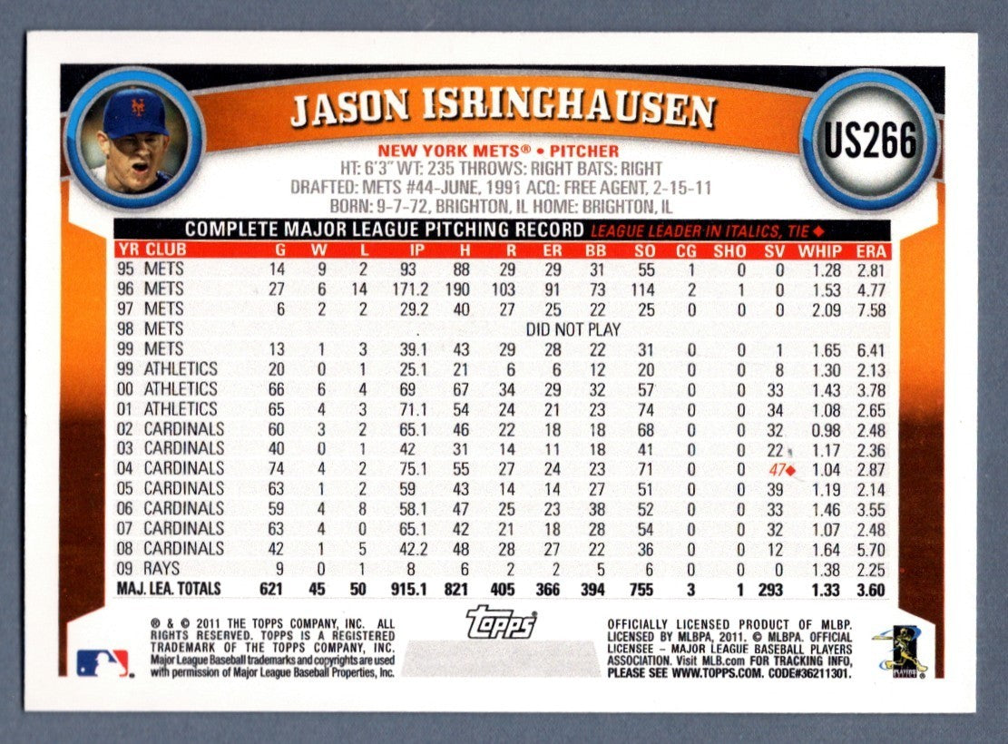 Jason Isringhausen Signed Autographed 2011 Topps Update Series #US266 LSCM COA1