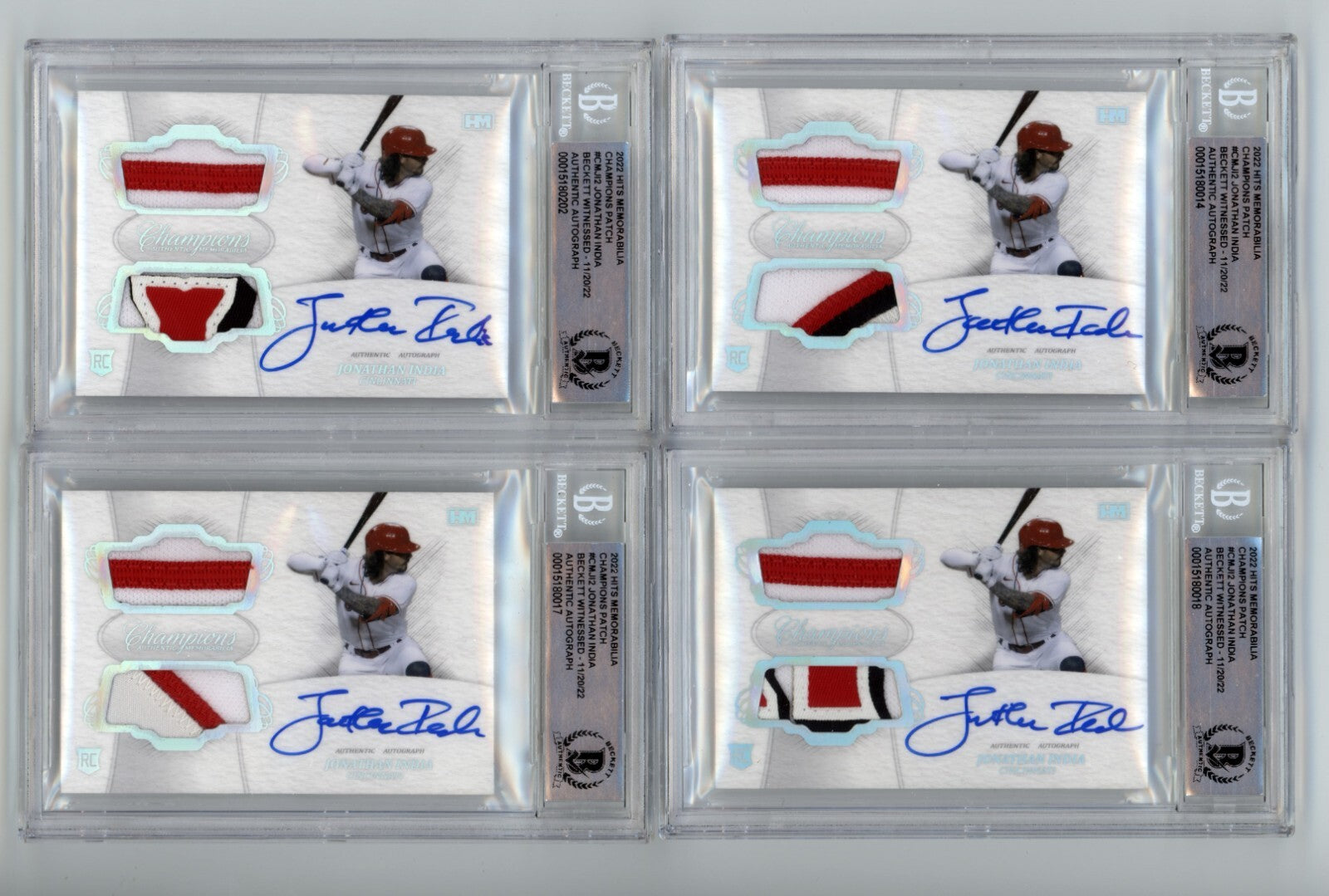 Jonathan India 2021 Hits Memorabilia Champions Patch Dual Auto RC #/10 BGS BAS0