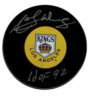 Marcel Dionne Signed Auto LA Kings Puck w/ HOF 92 Beckett Witness BAS COA Yellow0