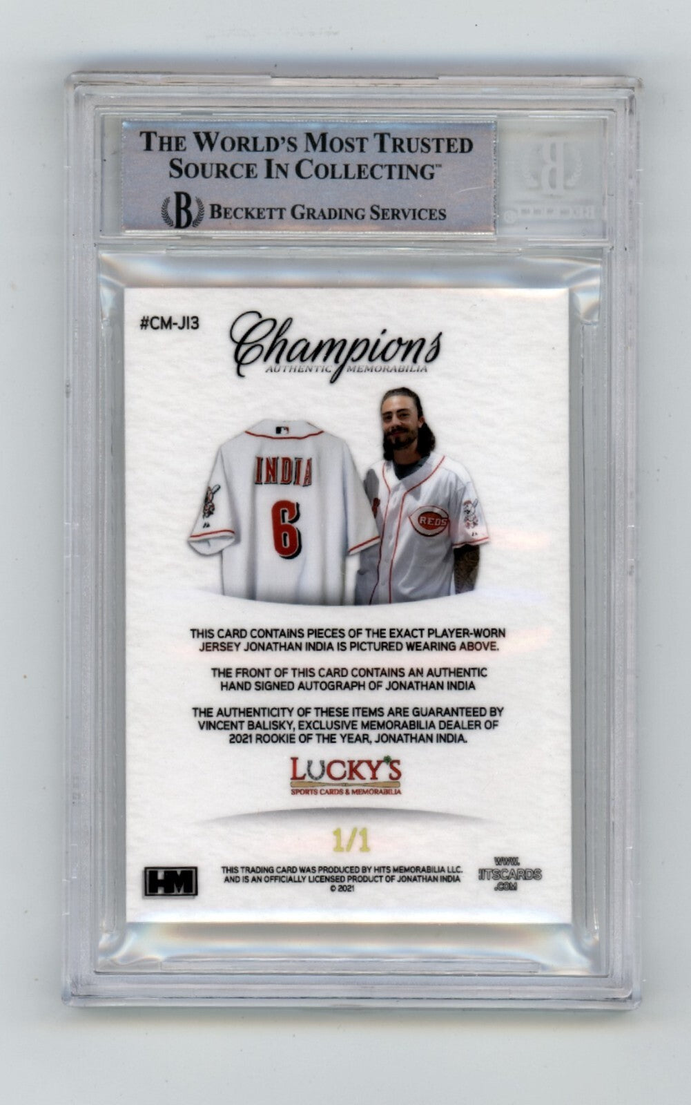 Jonathan India 2021 Hits Memorabilia Champions Gold Patch Dual Auto 1/1 RC BGS V1