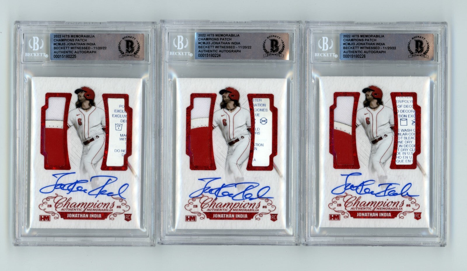 Jonathan India 2021 Hits Memorabilia Champions Red Patch Dual Auto RC /3 BGS BAS0
