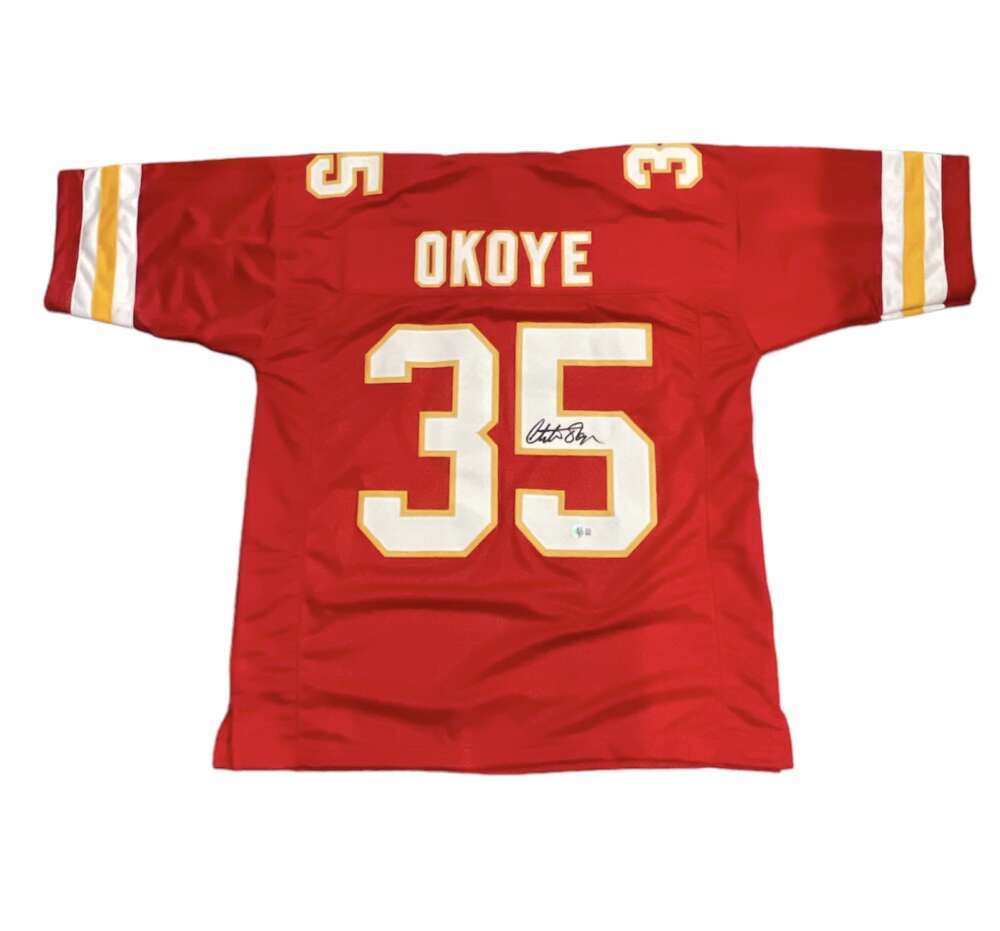 Christian Okoye Signed Kansas City Chiefs Custom Jersey Beckett Witness BAS COA0
