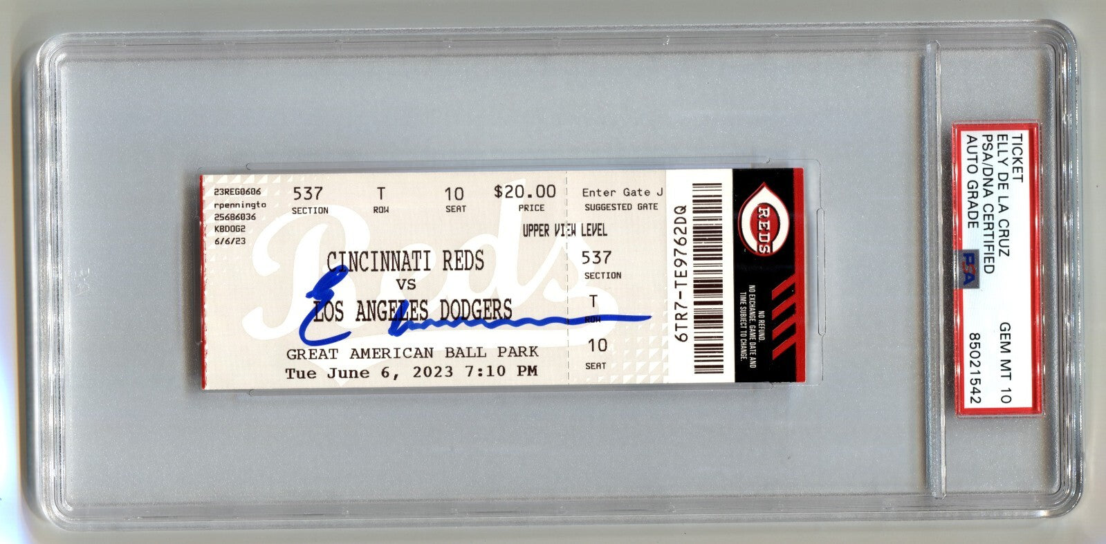 Elly De La Cruz Signed MLB Debut Original Game Ticket 6/6/2023 PSA 10 Auto Reds0