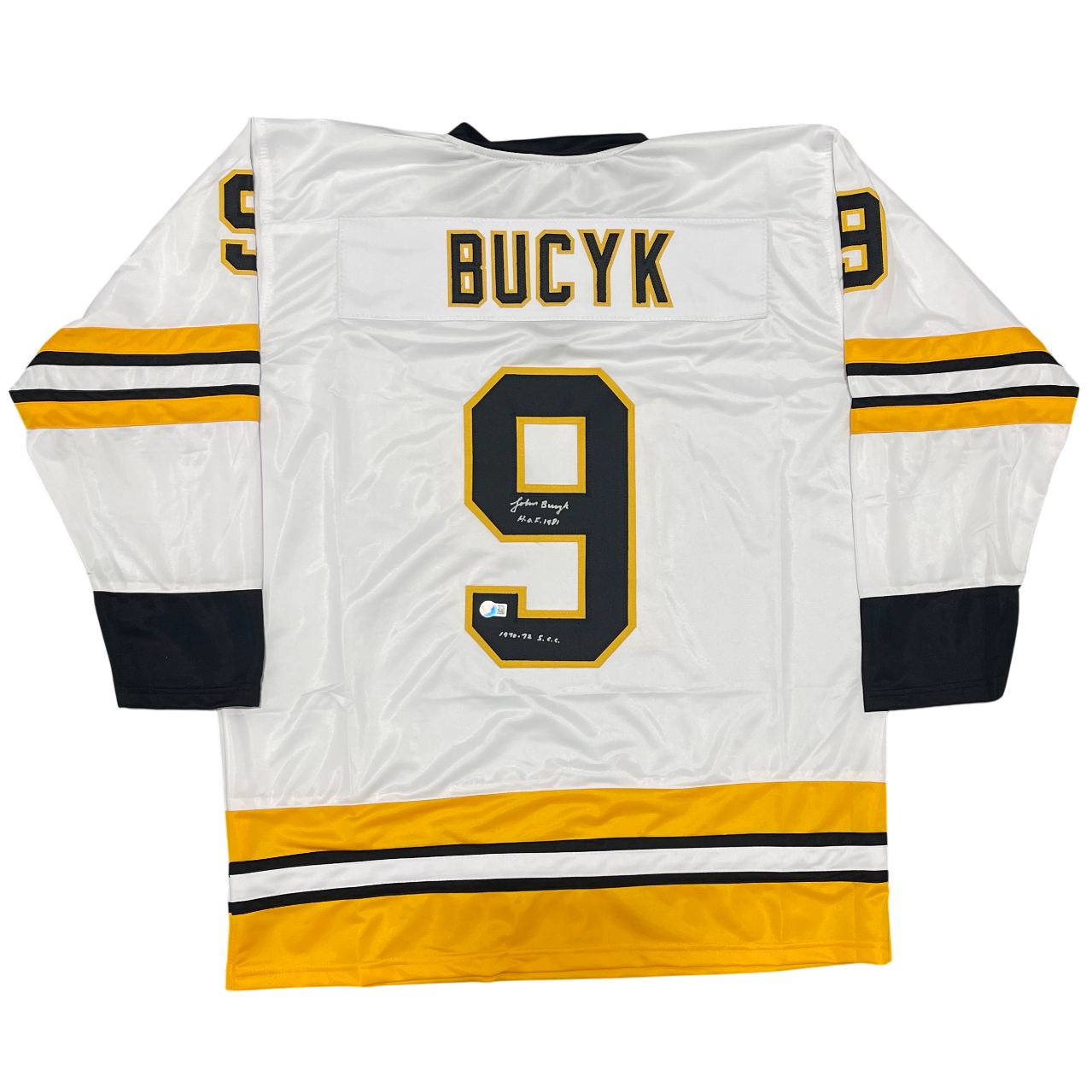 Johnny Bucyk Signed Bruins Custom Jersey HOF 1981 + SCC Beckett W BAS COA0