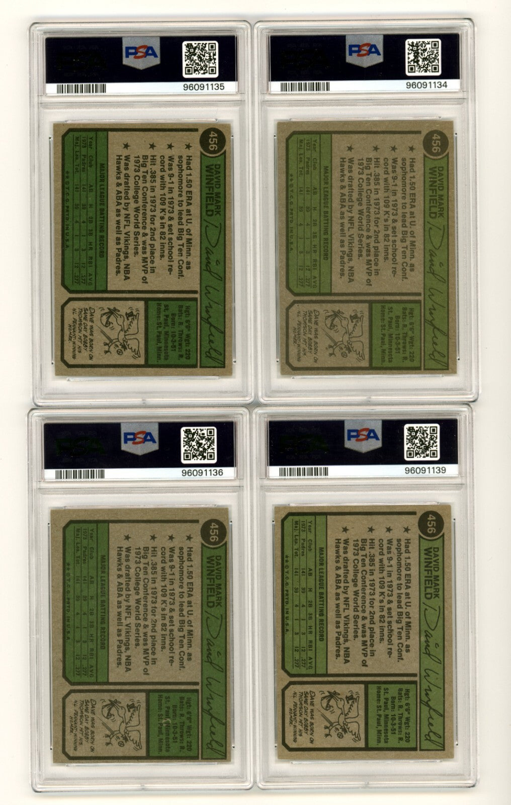 Dave Winfield 1974 Topps 456 Rookie RC Signed w/ HOF Hits Ins PSA Authentic Auto1