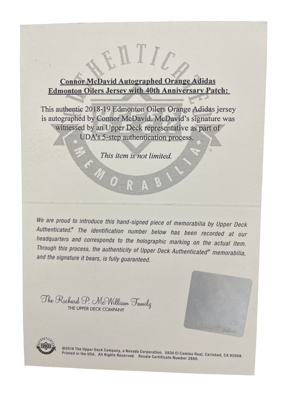 Connor McDavid Signed Edmonton Oilers 40th Anniversary Adidas Jersey UDA COA3