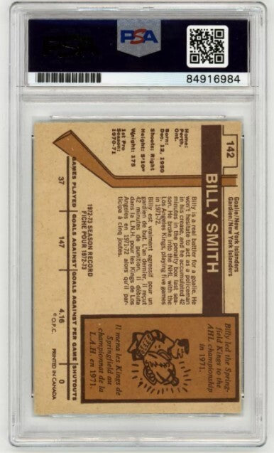 Billy Smith 1973-74 O-Pee-Chee OPC Rookie RC #142 Signed PSA 10 Auto w/ 4 Insc C1