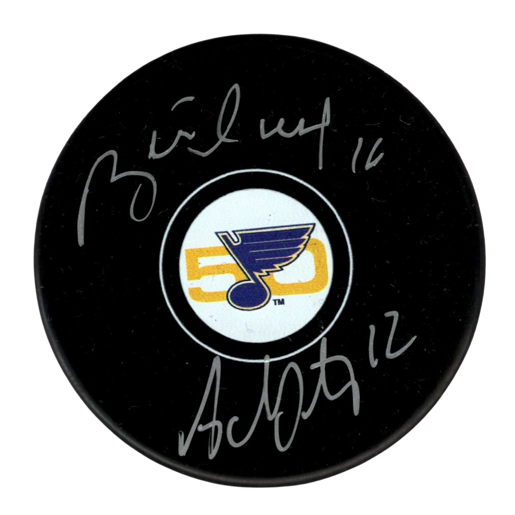 Brett Hull & Adam Oates Signed Auto Blues 50th Anniversary Puck Beckett BAS COA0