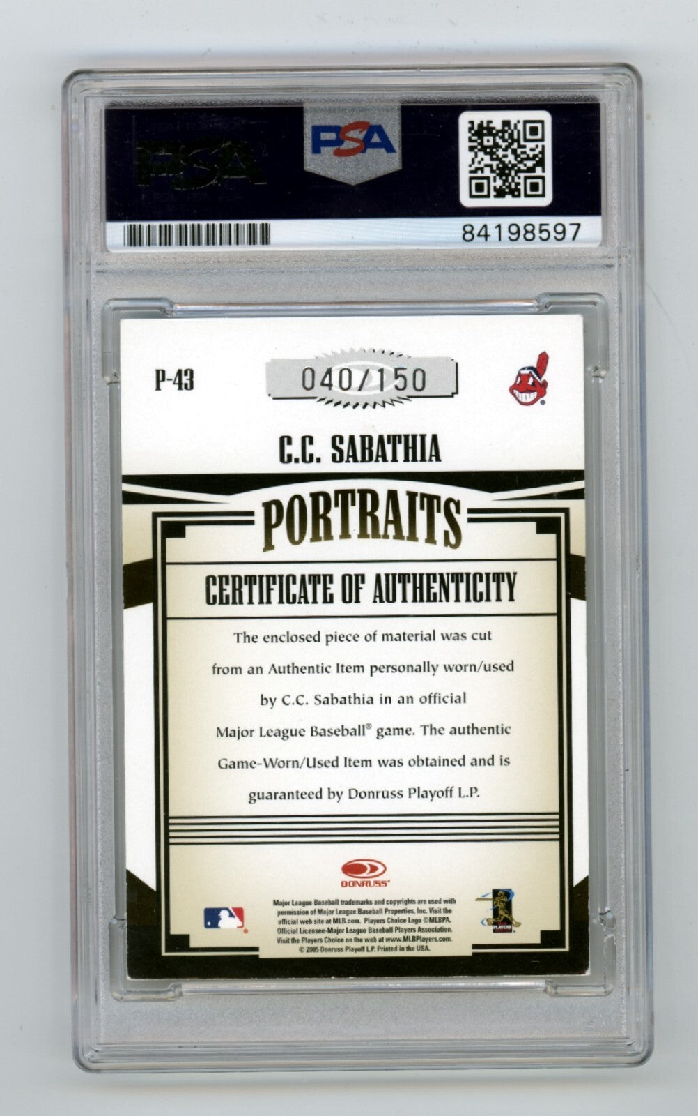 CC Sabathia 2005 Donruss  Prime Patches Portraits GU Jersey Signed /150 PSA Auto1