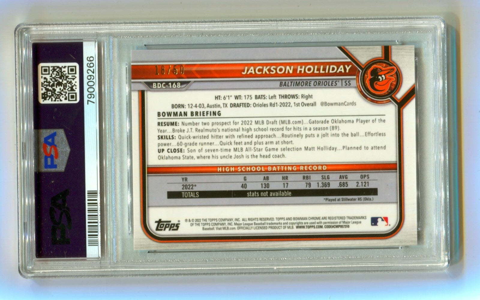 Jackson Holliday 2022 Bowman Chrome 1st Gold Refractor #18/50 Signed PSA 10 Auto1