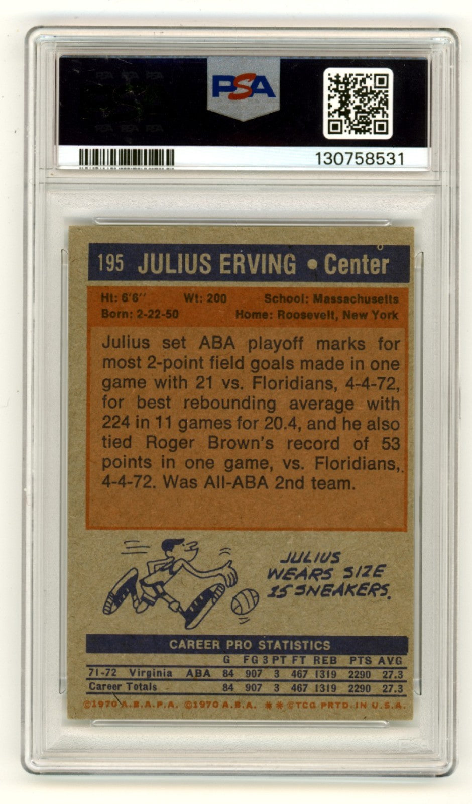 Julius Erving 1972-73 Topps #195 Signed RC w/ HOF 93 Insc. PSA 4 Auto 101