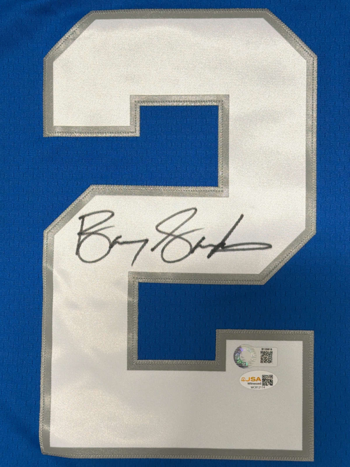 Barry Sanders Signed Autographed Detroit Lions M&N Jersey SCHWARTZ + JSA COA1