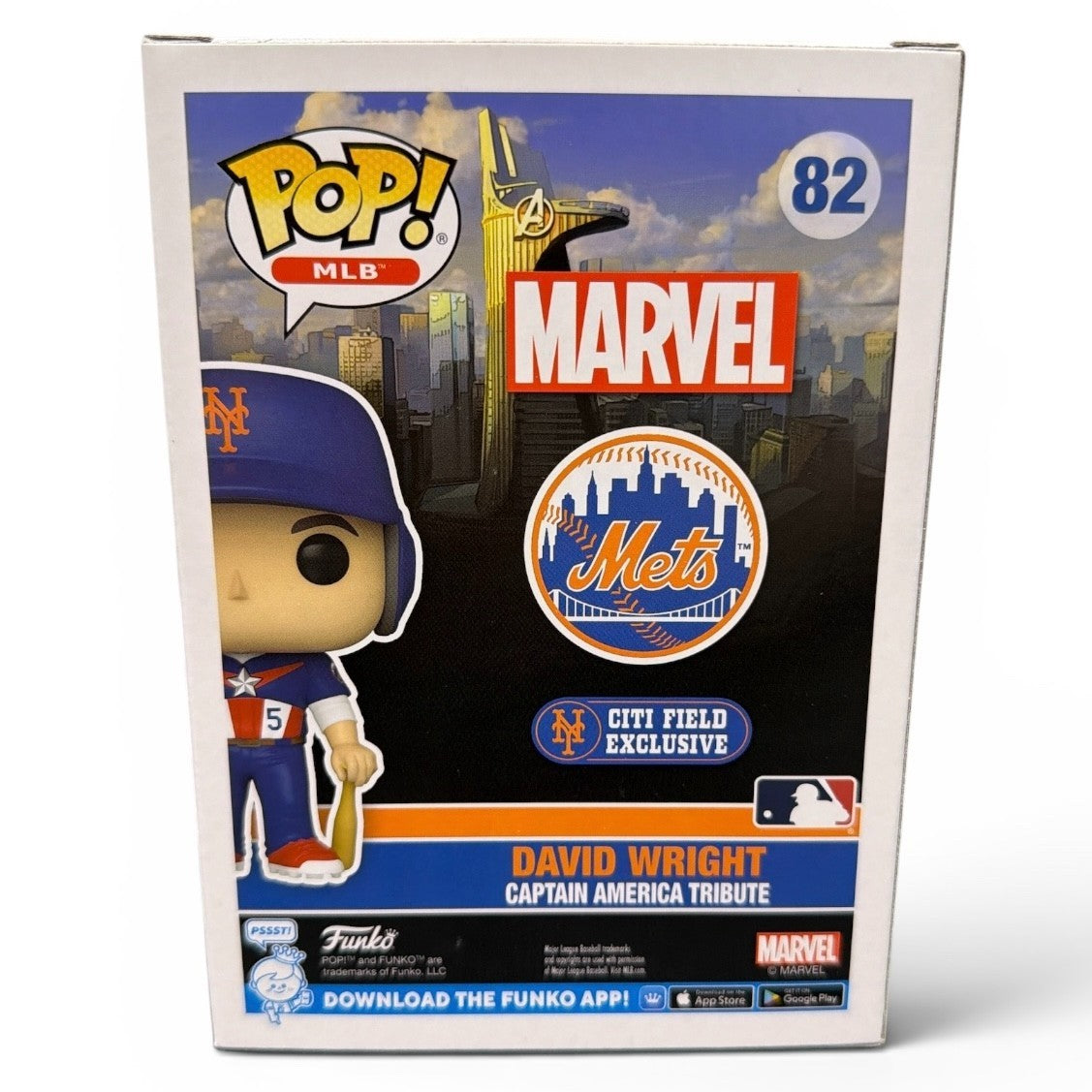 David Wright Signed Citi Field SGA Funko Pop #82 w/ Captain America Insc JSA COA3