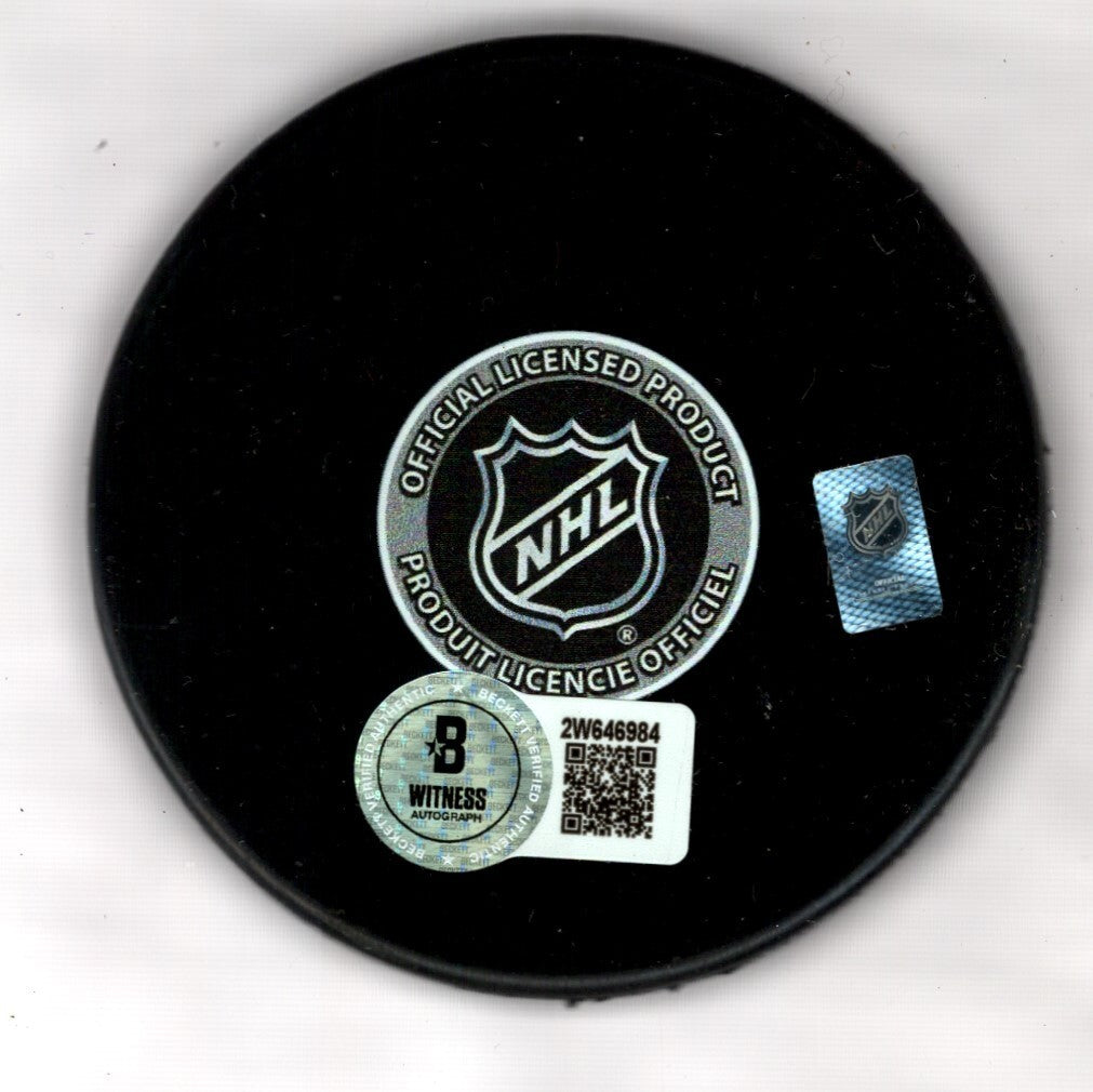 Brett Hull & Adam Oates Signed Auto Blues 50th Anniversary Puck Beckett BAS COA1