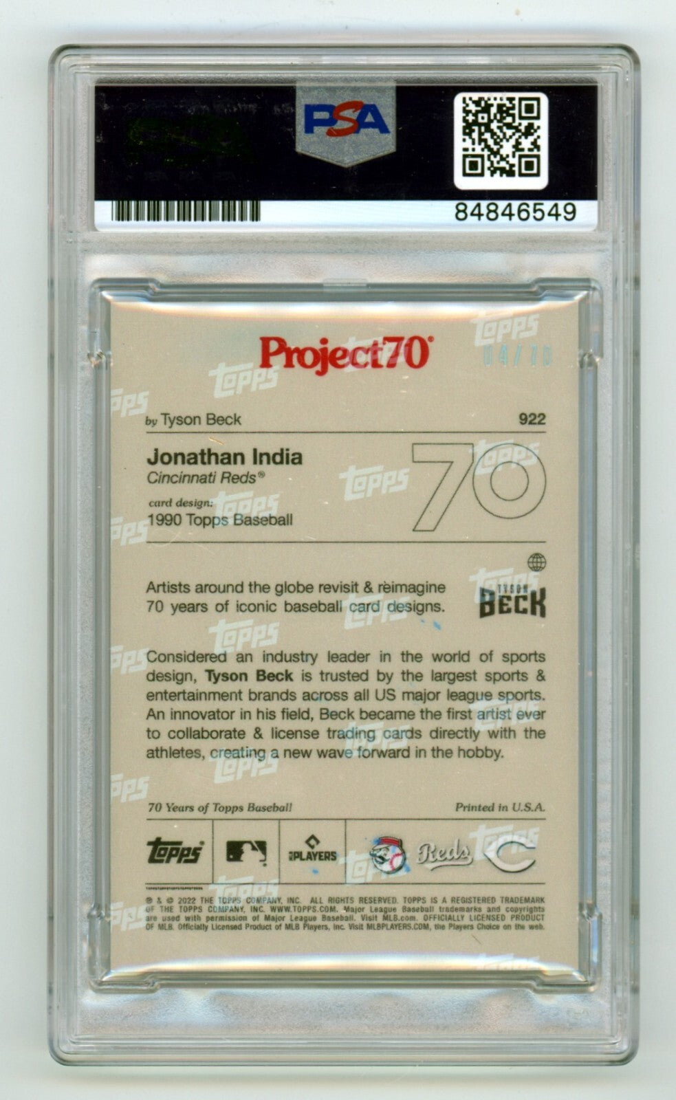 Jonathan India 2022 Topps Project 70 Foil #922 21 NL ROY /70 Signed PSA 10 Auto1