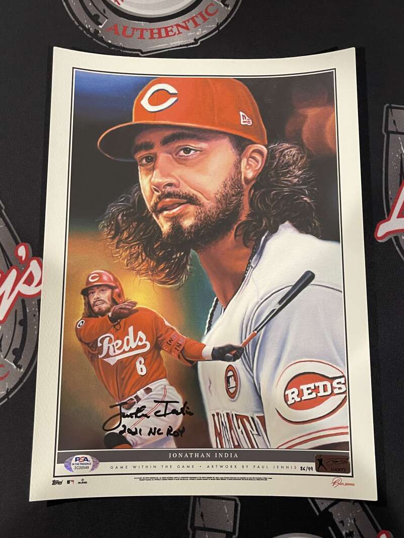 Jonathan India Signed Auto 10x14 Topps Game within the Game Print /99 PSA COA0