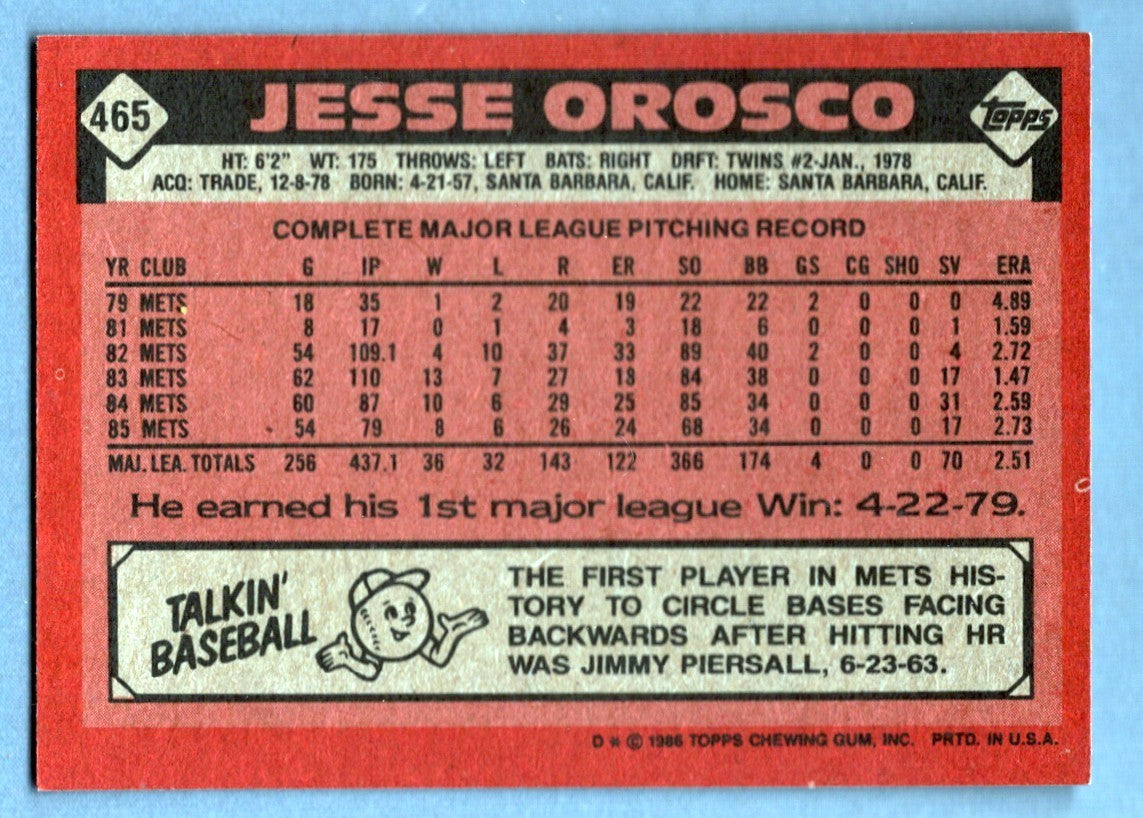 Jesse Orosco Signed 1986 Topps #465 LSCM COA New York Mets1