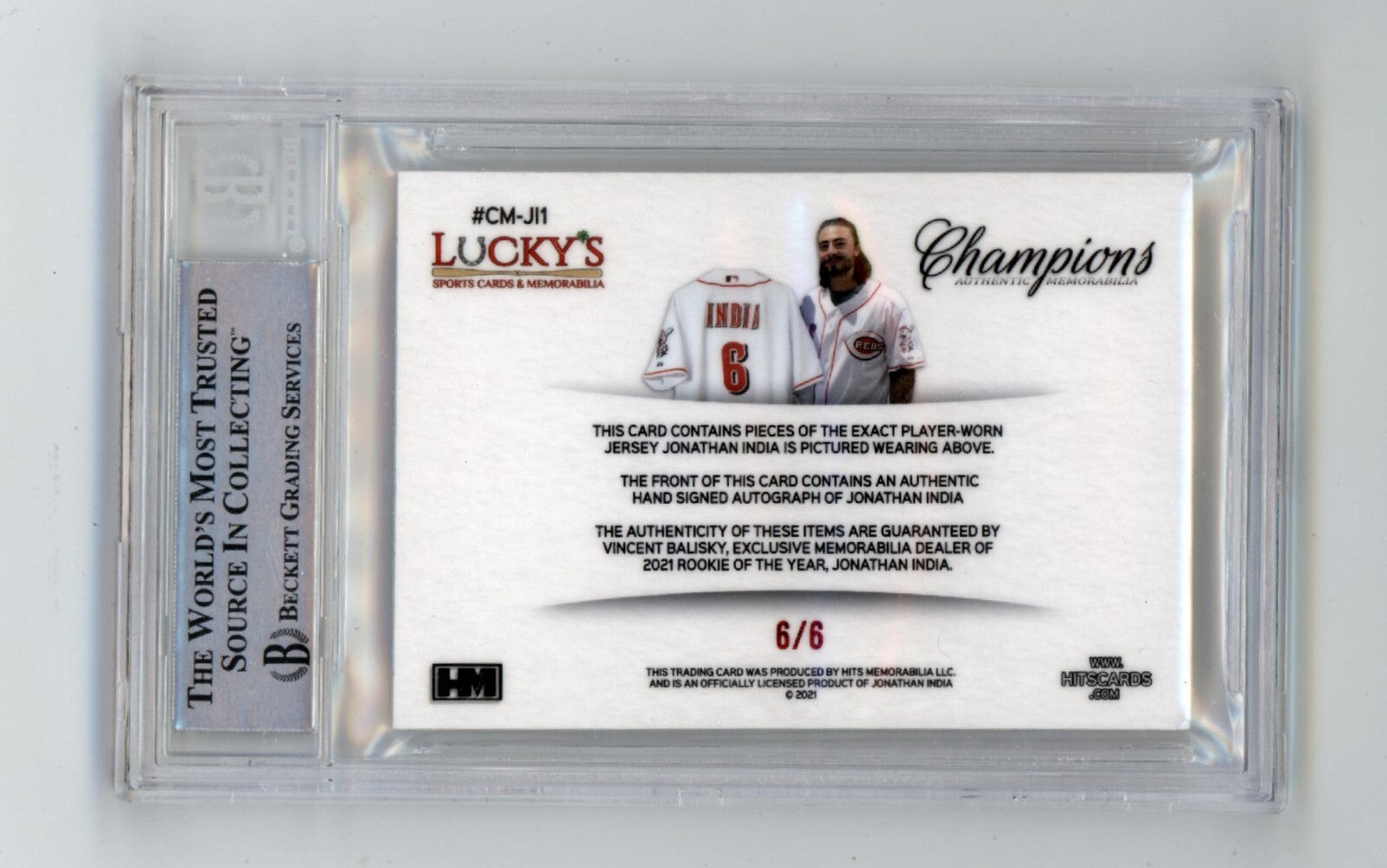 Jonathan India 2021 Hits Memorabilia Champions Red Prime Button Auto RC #6/6 BGS1