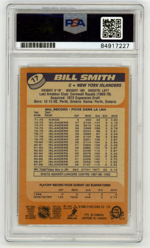 Billy Smith 1988-89 O-Pee-Chee OPC #17 Signed PSA Authentic Auto Blue Islanders1