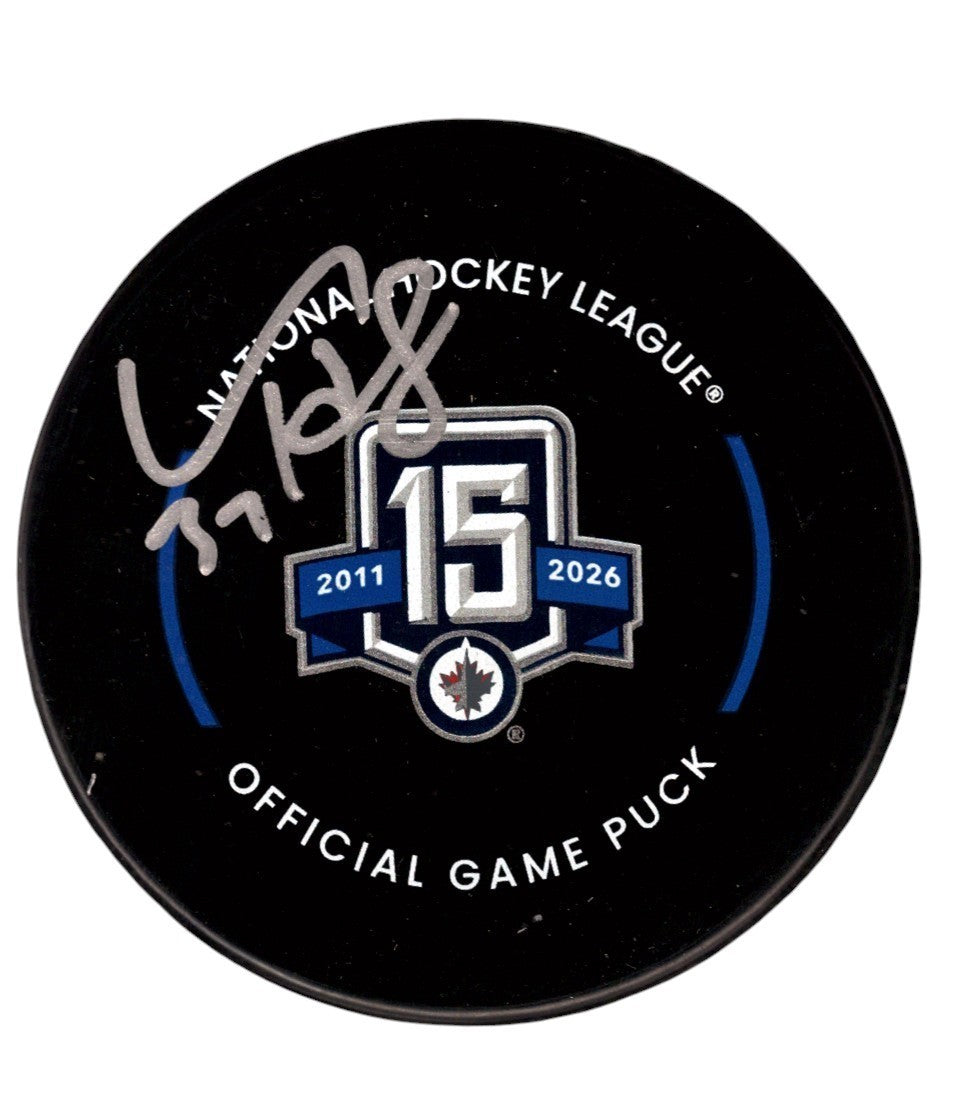 Connor Hellebuyck Signed Winnipeg Jets 15th Anniversary Game Puck Fanatics COA0