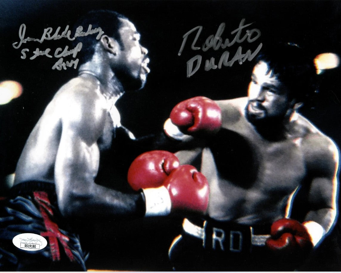 Iran Barkley & Roberto Duran Dual Signed 8x10 Boxing Photo w/ Insc JSA COA